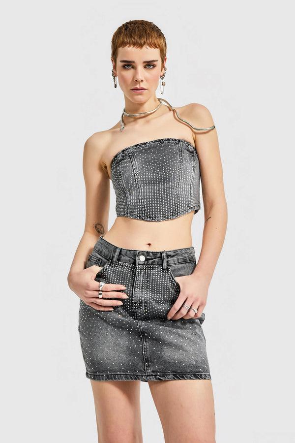 დენიმი, ჯინსი Women's Denim Top IT'S BASIC 3kadin-fume-renk-onu-parlak-tasli-straplez-bustiyer-14686.jpg