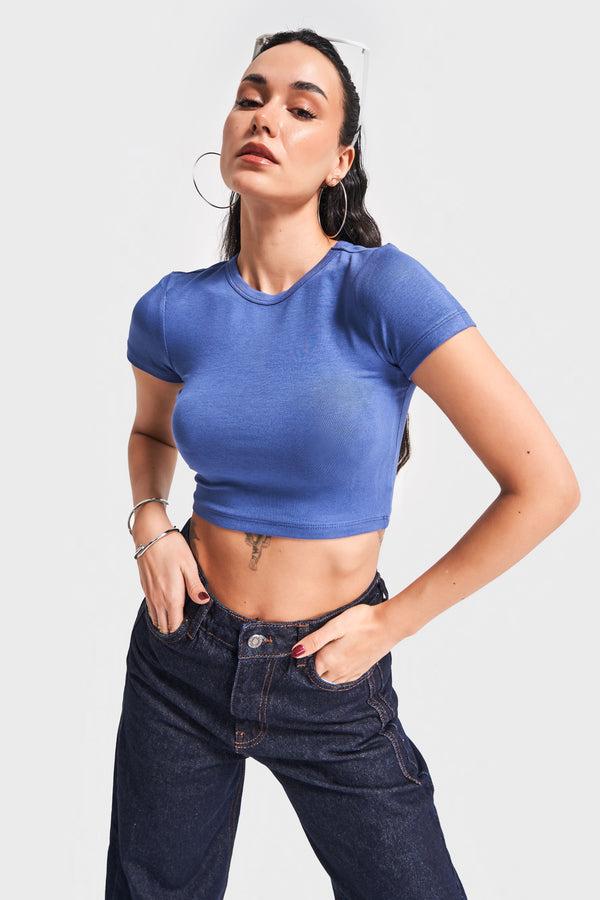 მაისური, ტოპი Women's T-Shirt IT'S BASIC 4kadin-indigo-renk-s5-super-esnek-kumas-crop-fit-top-20253.jpg