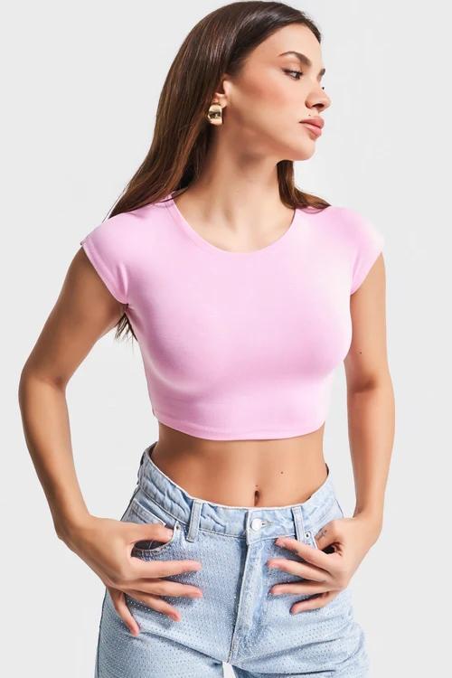 მაისური, ტოპი Women's T-Shirt IT'S BASIC 3kadin-pembe-renk-esnek-kumas-bisiklet-yaka-crop-body-20621.jpg