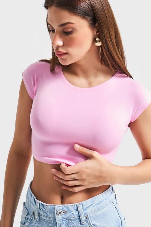 მაისური, ტოპი Women's T-Shirt IT'S BASIC 4kadin-pembe-renk-esnek-kumas-bisiklet-yaka-crop-body-20622.jpg