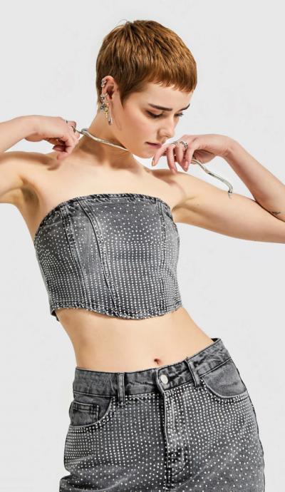 Women's Denim Top IT'S BASIC  1kadin-fume-renk-onu-parlak-tasli-straplez-bustiyer-14682.jpg